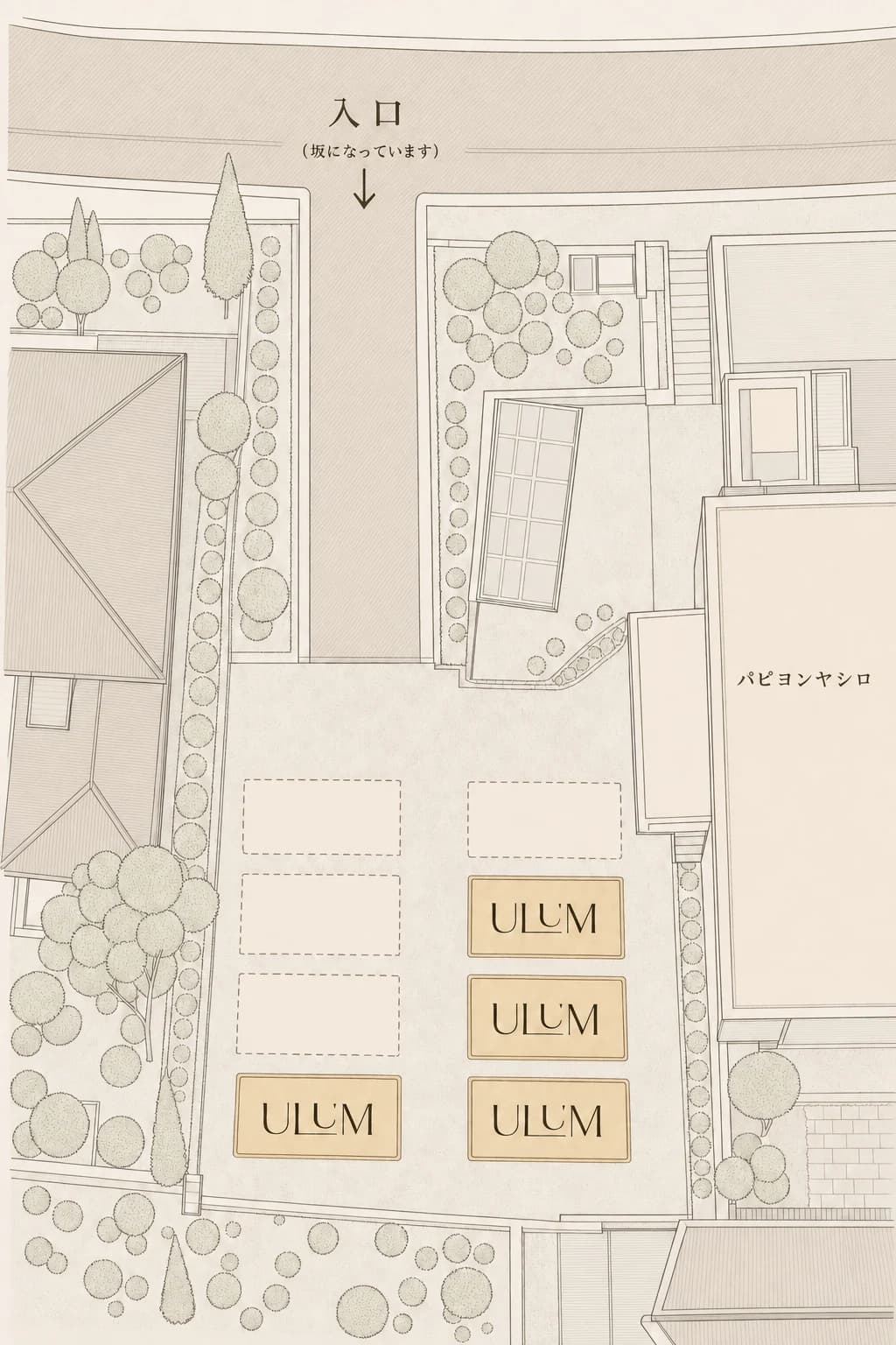 駐車場の配置図 — 道路から坂を下って駐車場へ。ULUM ロゴ付きの 4 スペース(左下 1 台・右下 3 台)をご利用ください