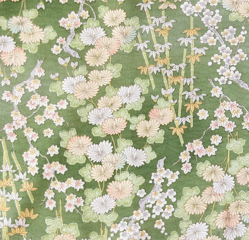 緑地に白・淡黄・桜色の菊や桜、竹を描いた七五三着物「若葉」の生地クローズアップ。花々が全面に散りばめられた和柄の構図。