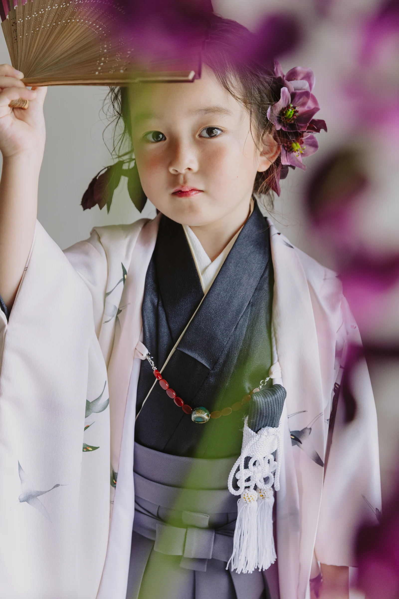 扇子を掲げる子ども — 黒の羽織と緑から紫の暈し着物、紫の花の髪飾りと白い房飾り、淡紅色の上着、手前に紫の花をぼかした構図。